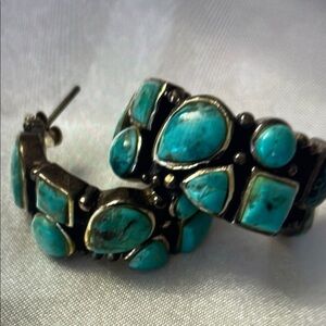 Turquoise Stone Silver Bohemian Hoop Earrings with Bezel Setting